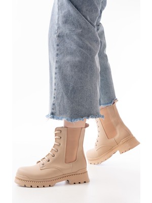 Zerenyus ZRİN-298 Premium Bej Bağcıklı Lastikli Günlük Kadın Bot