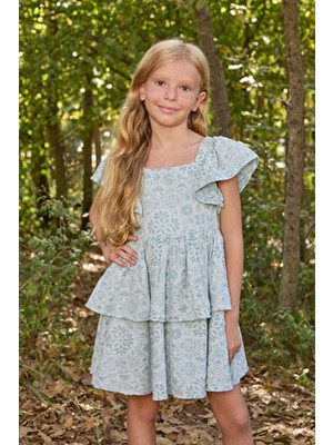 Panço Kız Çocuk Desenli Kolu Fırfırlı Yeşil Elbise