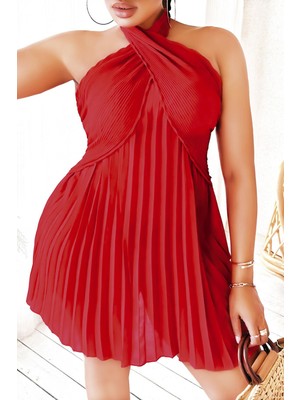 Marsilyan Büyük Beden Kırmızı Fırfırlı Boyundan Bağlamalı Gecelik