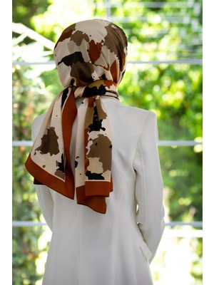 Vissona Lüks Medine Ipeği Boya Efekti Desenli Taba Renkli 75X195 Kırışmaz Şal Moss Krep Dikiş Tipi Italyan Dikişli