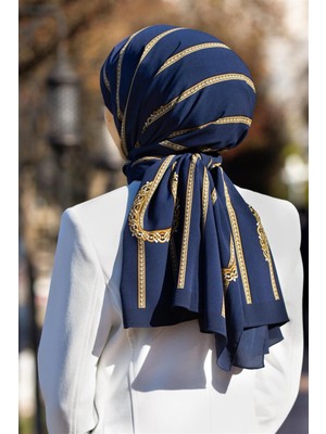 Vissona Lüks Medine Ipeği Zincir Desenli Lacivert Renkli 75X195 Kırışmaz Şal Moss Krep Dikiş Tipi Italyan Dikişli