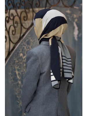 Vissona Lüks Medine Ipeği Geometrik Desenli Gri - Bej Renkli 75X195 Kırışmaz Şal Moss Krep Dikiş Tipi Italyan Dikişli