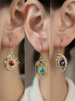 NKT Collection Tablet Kutup Yıldızı Nazar Göz Ay Güneş Sembol Figürlü 3’lü Kadın Küpe Set