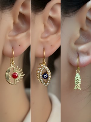 NKT Collection Balık Nazar Göz Ay Güneş Sembol Figürlü 3’lü Kadın Küpe Set