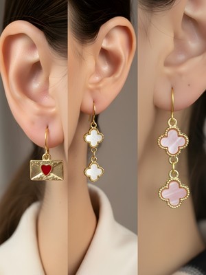 NKT Collection Pembe Yonca Beyaz Yonca Kalp Zarf Sembol Figürlü 3’lü Kadın Küpe Set