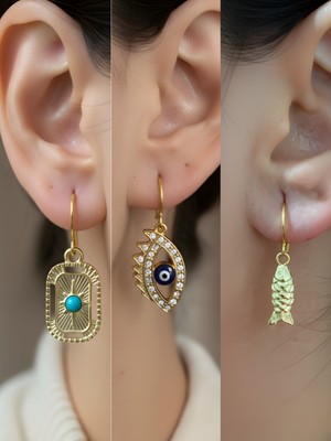 NKT Collection Balık Tablet Kutup Yıldızı Nazar Göz Sembol Figürlü 3’lü Kadın Küpe Set