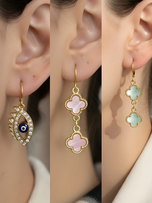 NKT Collection Pembe Yonca Turkuaz Yonca Nazar Göz Sembol Figürlü 3’lü Kadın Küpe Set