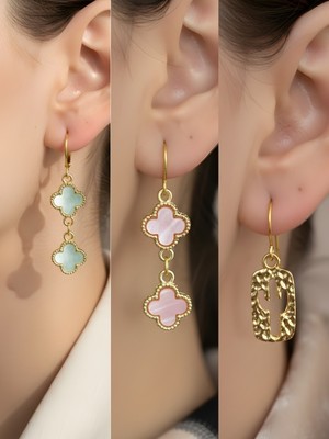 NKT Collection Kaktüs Pembe Yonca Turkuaz Yonca Sembol Figürlü 3’lü Kadın Küpe Set