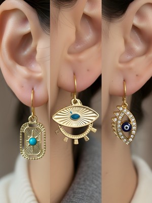 NKT Collection Göz Tablet Kutup Yıldızı Nazar Göz Sembol Figürlü 3’lü Kadın Küpe Set