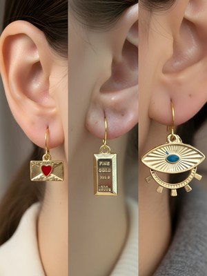 NKT Collection Göz Külçe Altın Kalp Zarf Sembol Figürlü 3’lü Kadın Küpe Set