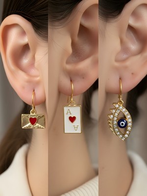 NKT Collection Nazar Göz Kupa As Kalp Zarf Sembol Figürlü 3’lü Kadın Küpe Set