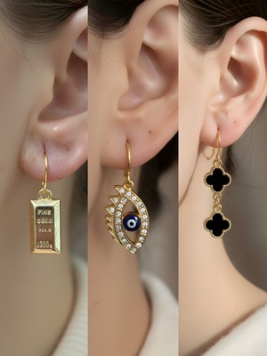 NKT Collection Siyah Yonca Nazar Göz Külçe Altın Sembol Figürlü 3’lü Kadın Küpe Set