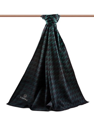 Vissona Lüks Medine Ipeği Kazayağı Desenli Petrol Yeşili Renkli 75X195 Kırışmaz Şal Moss Krep Dikiş Tipi Italyan Dikişli