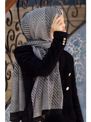 Vissona Lüks Medine Ipeği Çizgili Desenli Vizon - Siyah Renkli 75X195 Kırışmaz Şal Moss Krep Dikiş Tipi Italyan Dikişli