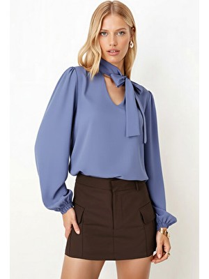 Armonika Kadın Koyu Mavi Yakası Bağlamalı Kolu Lastikli Bluz ARM-25K001096