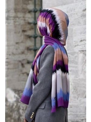 Vissona Lüks Medine Ipeği Frekans  Desenli Mürdüm Renkli 75X195 Kırışmaz Şal Moss Krep Dikiş Tipi Italyan Dikişli