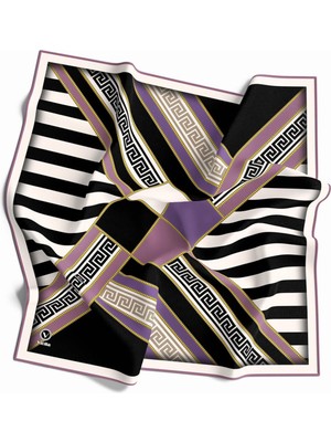 Violla Twill Çizgili Geometrik Desenli Lila Renkli 90X90 Eşarp (Ipek Içermez) Kenar Dikiş Şekli El Dikişli