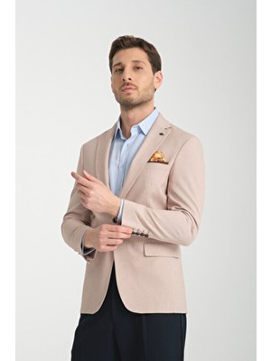 Frappoli Odessa Erkek Bej Kendinden Desenli Mevsimlik Mono Yaka Slim Fit Blazer Ceket