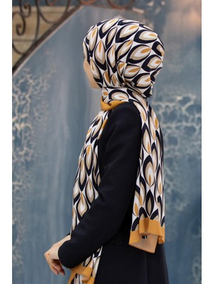 Vissona Lüks Medine Ipeği Geometrik Desenli Hardal Renkli 75X195 Kırışmaz Şal Moss Krep Dikiş Tipi Italyan Dikişli