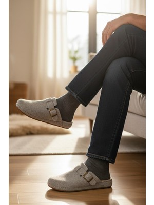 Twigy Tam Ortopedik Keçe Erkek Rahat ve Hafif Şık Gri Ev Terliği