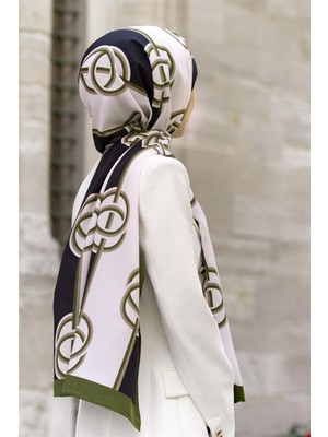 Vissona Lüks Medine Ipeği Çizgili Desenli Haki Renkli 75X195 Kırışmaz Şal Moss Krep Dikiş Tipi Italyan Dikişli