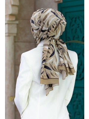 Vissona Lüks Medine Ipeği Geometrık Desenli Vizon Renkli 75X195 Kırışmaz Şal Moss Krep Dikiş Tipi Italyan Dikişli