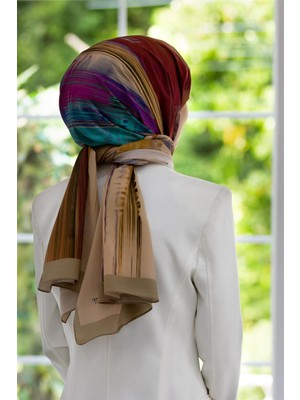 Vissona Lüks Medine Ipeği Çizgi Desenli Mürdüm Renkli 75X195 Kırışmaz Şal Moss Krep Dikiş Tipi Italyan Dikişli