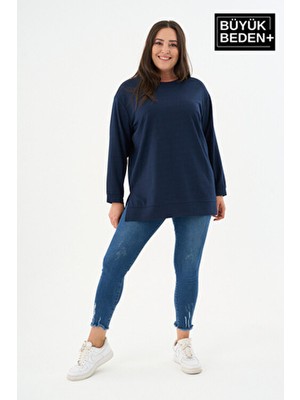 Superlife Kadın Tunik Uzun Kol Düz Desenli Büyük Beden Sweatshirt Pamuk Polyester SPR26BTK990