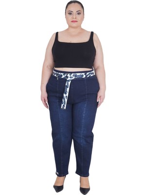 Zanessi Büyük Beden Mom Kemerli Yüksek Bel Denim Kadın Pantolon