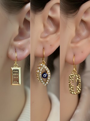 NKT Collection Kaktüs Nazar Göz Külçe Altın Sembol Figürlü 3’lü Kadın Küpe Set