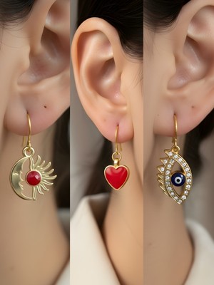 NKT Collection Nazar Göz Kırmızı Kalp Ay Güneş Sembol Figürlü 3’lü Kadın Küpe Set