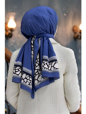 Vissona Lüks Medine Ipeği  Desenli Indigo - Gri  Renkli 75X195 Kırışmaz Şal Moss Krep Dikiş Tipi Italyan Dikişli