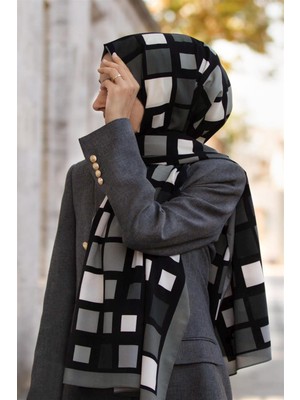 Vissona Lüks Medine Ipeği Kare Desenli Gri Renkli 75X195 Kırışmaz Şal Moss Krep Dikiş Tipi Italyan Dikişli