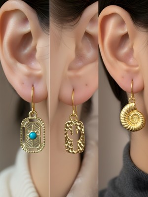 NKT Collection Kaktüs Deniz Kabuğu Tablet Kutup Yıldızı Sembol Figürlü 3’lü Kadın Küpe Set