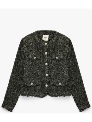 Koton Cep Detaylı Düğmeli Uzun Kollu Bisiklet Yaka Tüvit Ceket