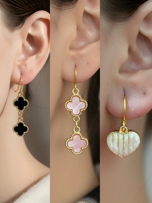 NKT Collection Beyaz Kalp Siyah Yonca Pembe Yonca Sembol Figürlü 3’lü Kadın Küpe Set