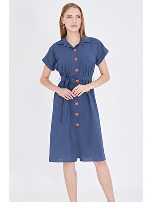Armonika Kadın Lacivert Beli Kemerli Kısa Kol Gömlek Elbise ARM-25Y001065