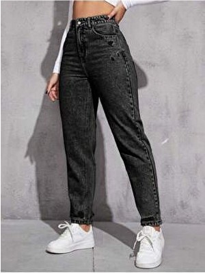 Noxter Kadın Yıpratmalı Denim Pantolon Regular Kesim Siyah Boru Paça Günlük Stil