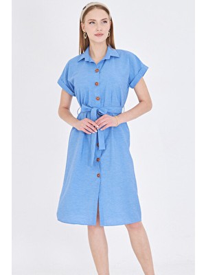 Armonika Kadın Mavi Beli Kemerli Kısa Kol Gömlek Elbise ARM-25Y001065