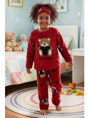 Gri Mor Tekstil Kız Çocuk Kırmızı Ayıcık Desenli Göz Bantlı Peluş Polar Pijama Takımı