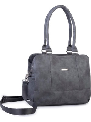 Nas Bag Kadın Büyük Boy Üç Bölmeli Omuz Çantası Gri Raven