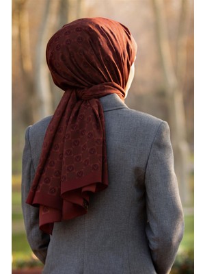 Vissona Lüks Medine Ipeği Monogram Desenli Taba Renkli 75X195 Kırışmaz Şal Moss Krep Dikiş Tipi Italyan Dikişli