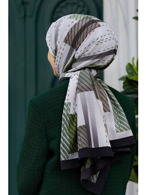 Vissona Lüks Medine Ipeği Çizgili Desenli Krem - Haki Yeşil Renkli 75X195 Kırışmaz Şal Moss Krep Dikiş Tipi Italyan Dikişli