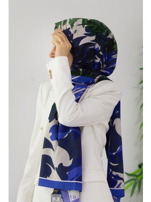 Vissona Lüks Medine Ipeği Geometrik Desenli Saks Renkli 75X195 Kırışmaz Şal Moss Krep Dikiş Tipi Italyan Dikişli