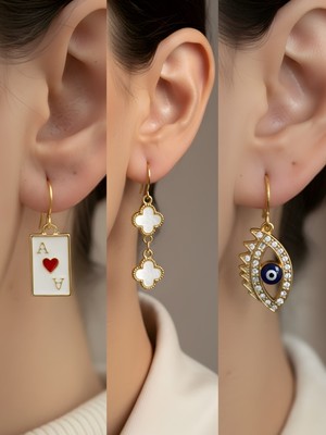 NKT Collection Beyaz Yonca Nazar Göz Kupa As Sembol Figürlü 3’lü Kadın Küpe Set