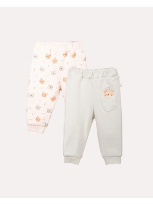 Hoogie 2'li Cepli Teddy Desenli %100 Organik Pamuk Bebek Pantolon - Ekru & Mint