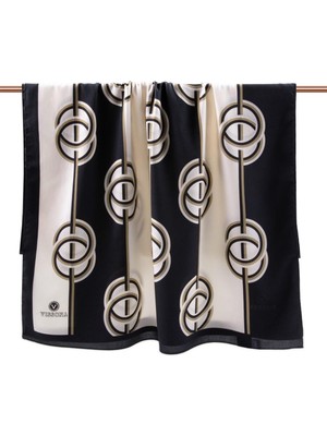 Vissona Lüks Medine Ipeği Çizgili Desenli Siyah Renkli 75X195 Kırışmaz Şal Moss Krep Dikiş Tipi Italyan Dikişli