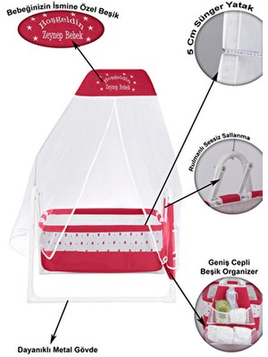 Chubby Baby Isme Özel Sallanır Beşik 5 cm Sünger Yataklı Organizerli Tüllü Cibinlikli Bebek Beşiği