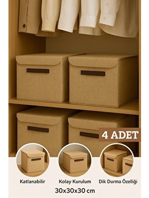 Prendi Home 4lü Jüt Kapaklı Kumaş Dolap Içi Düzenleyici Kutu - 30X30X30 cm Katlanabilir Saklama Kutusu