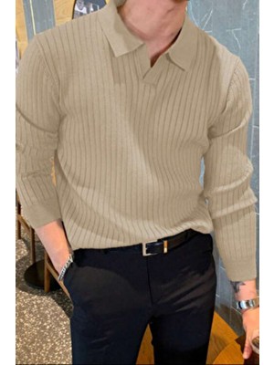 Cool Tarz Bej Erkek Polo Yaka Fitilli Triko Kazak